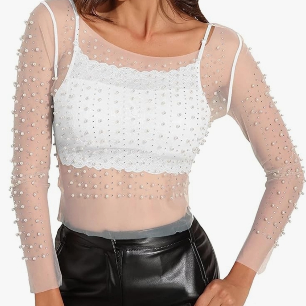 Mesh rhinestone and pearl top